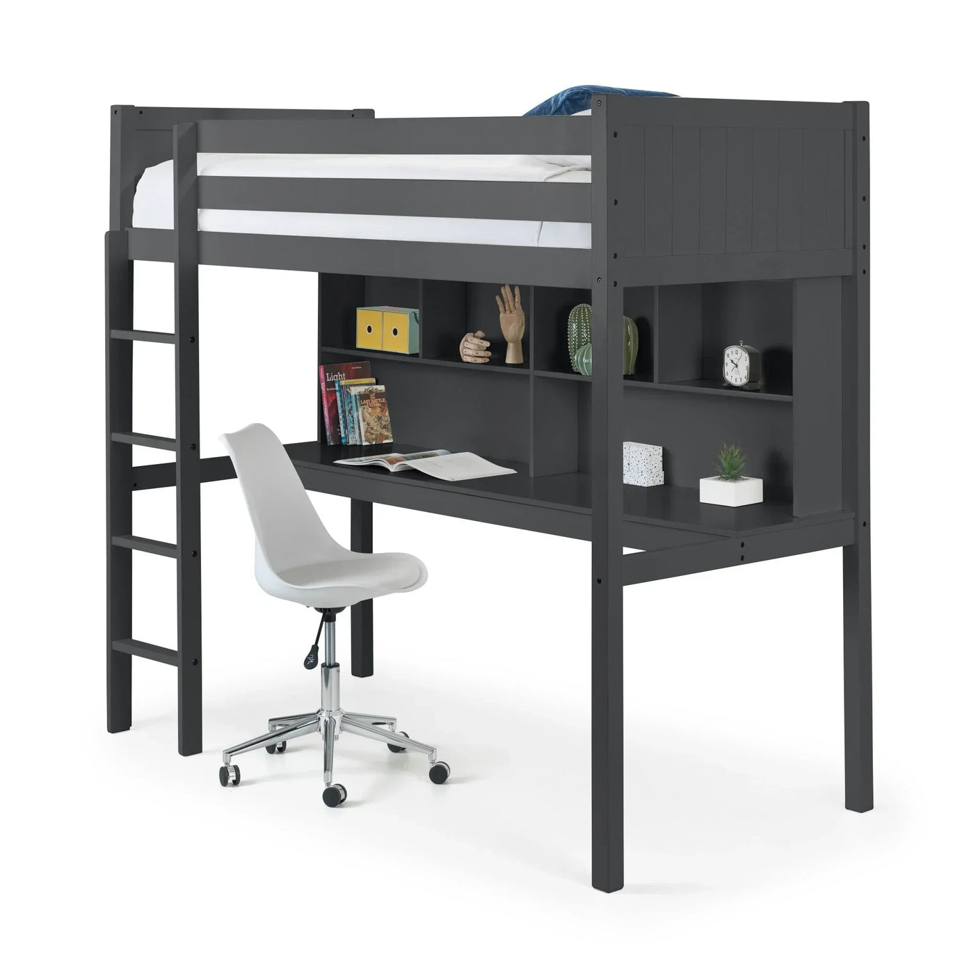 Grey loft bed with integrated desk, shelves and white office chair