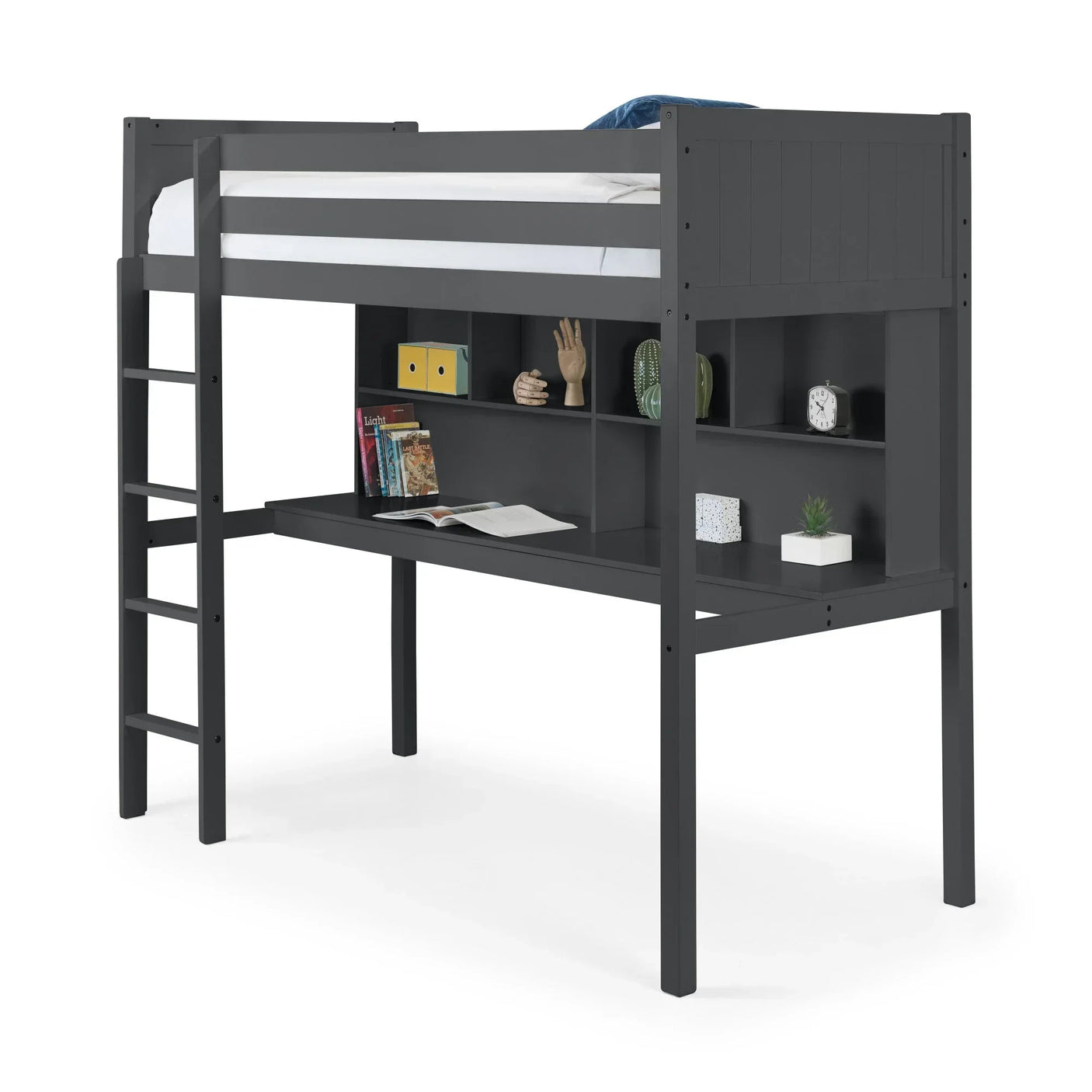 Grey wooden loft bed with integrated desk, shelves, and ladder, styled with books and decor