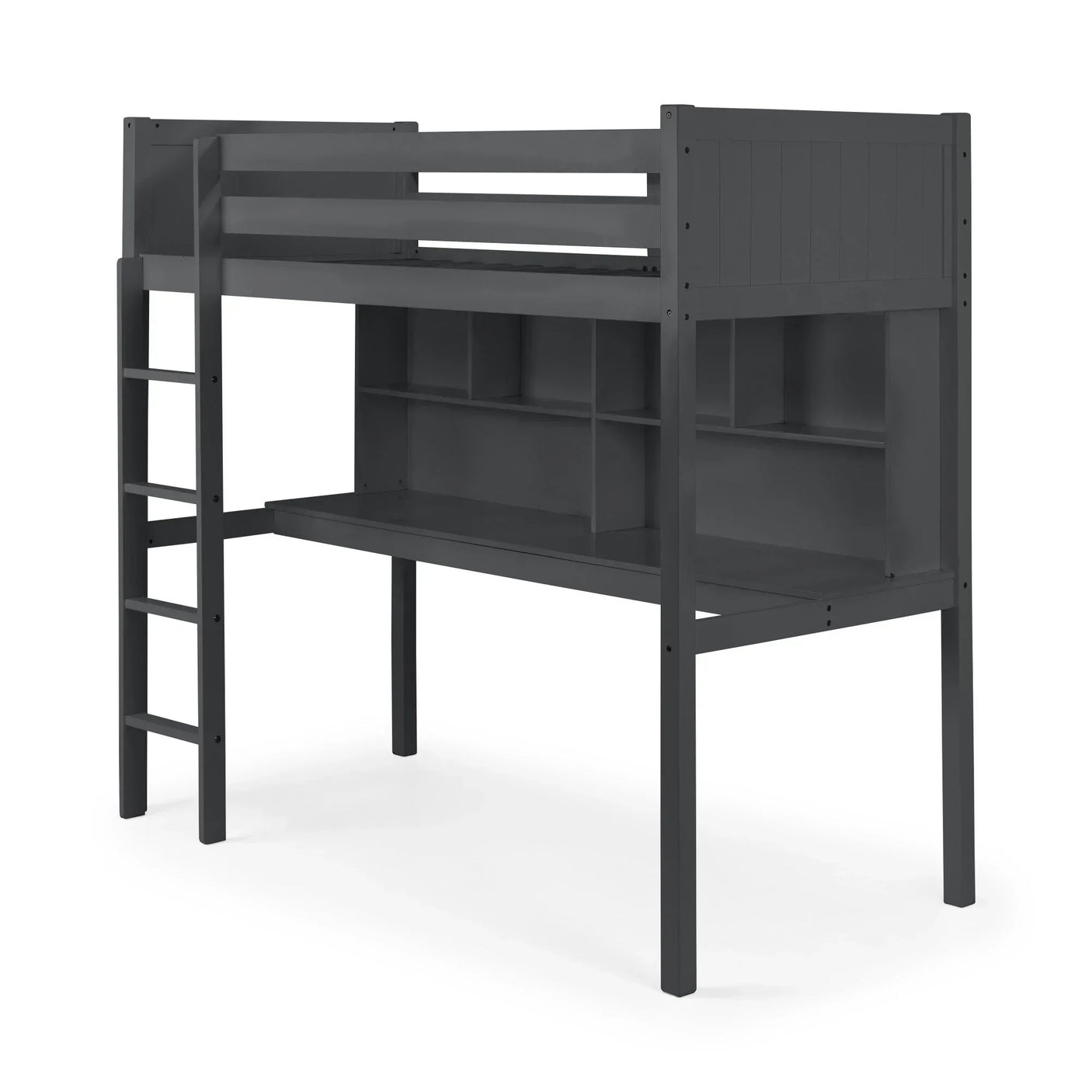 Grey wooden loft bed with built-in desk, shelves, safety rail, and ladder