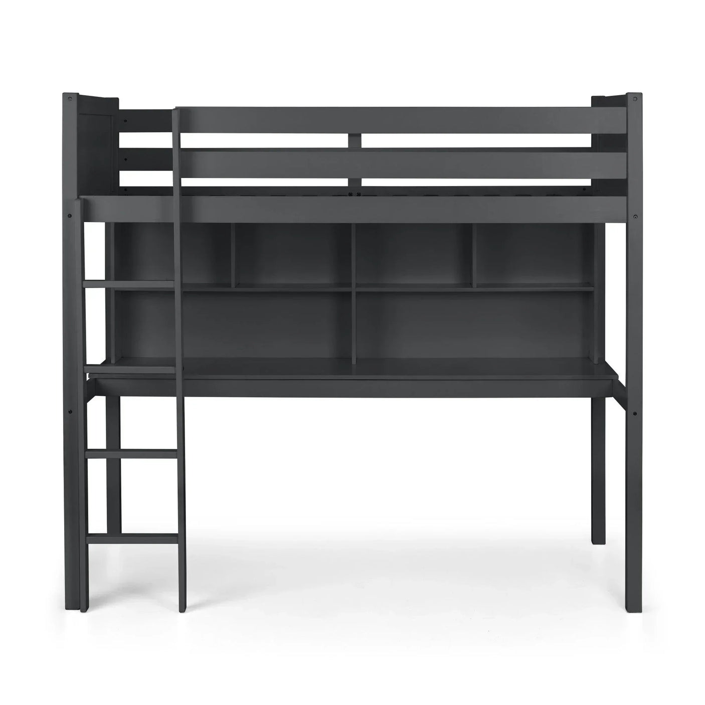 Grey high sleeper bunk bed with built-in shelving and integrated ladder front view