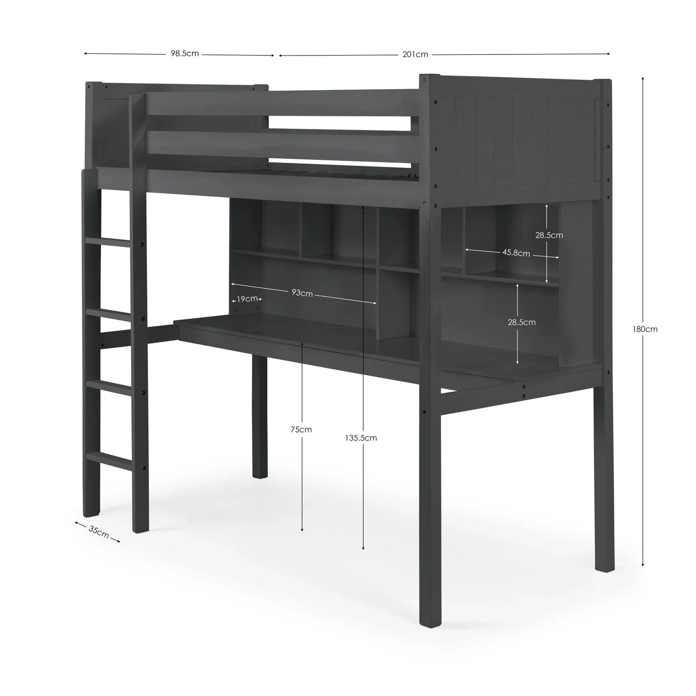 Grey wooden loft bed with built-in desk, shelving and ladder, shown with measurement labels