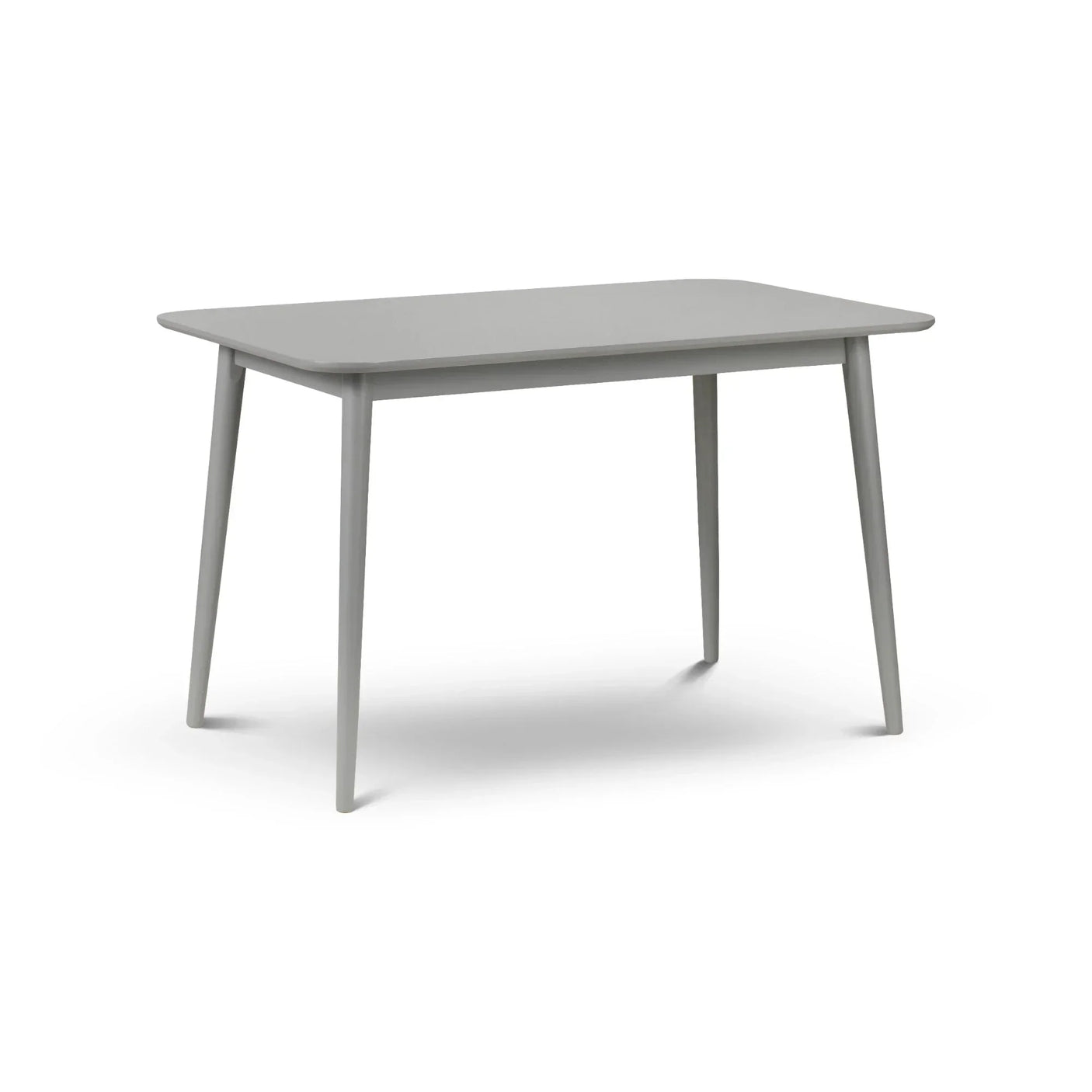 Rectangular grey dining table with four angled legs and rounded corners on white background