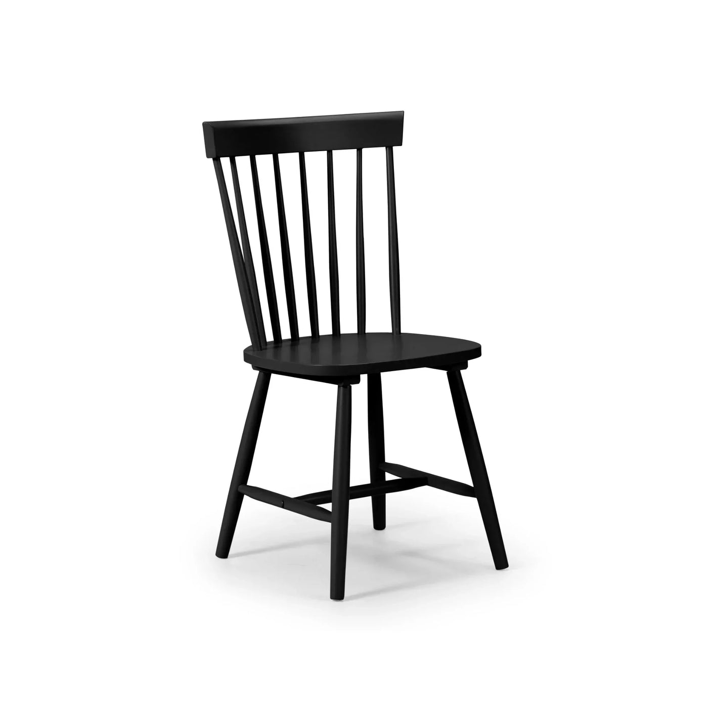 Black wooden dining chair with slatted backrest and angled legs on white background