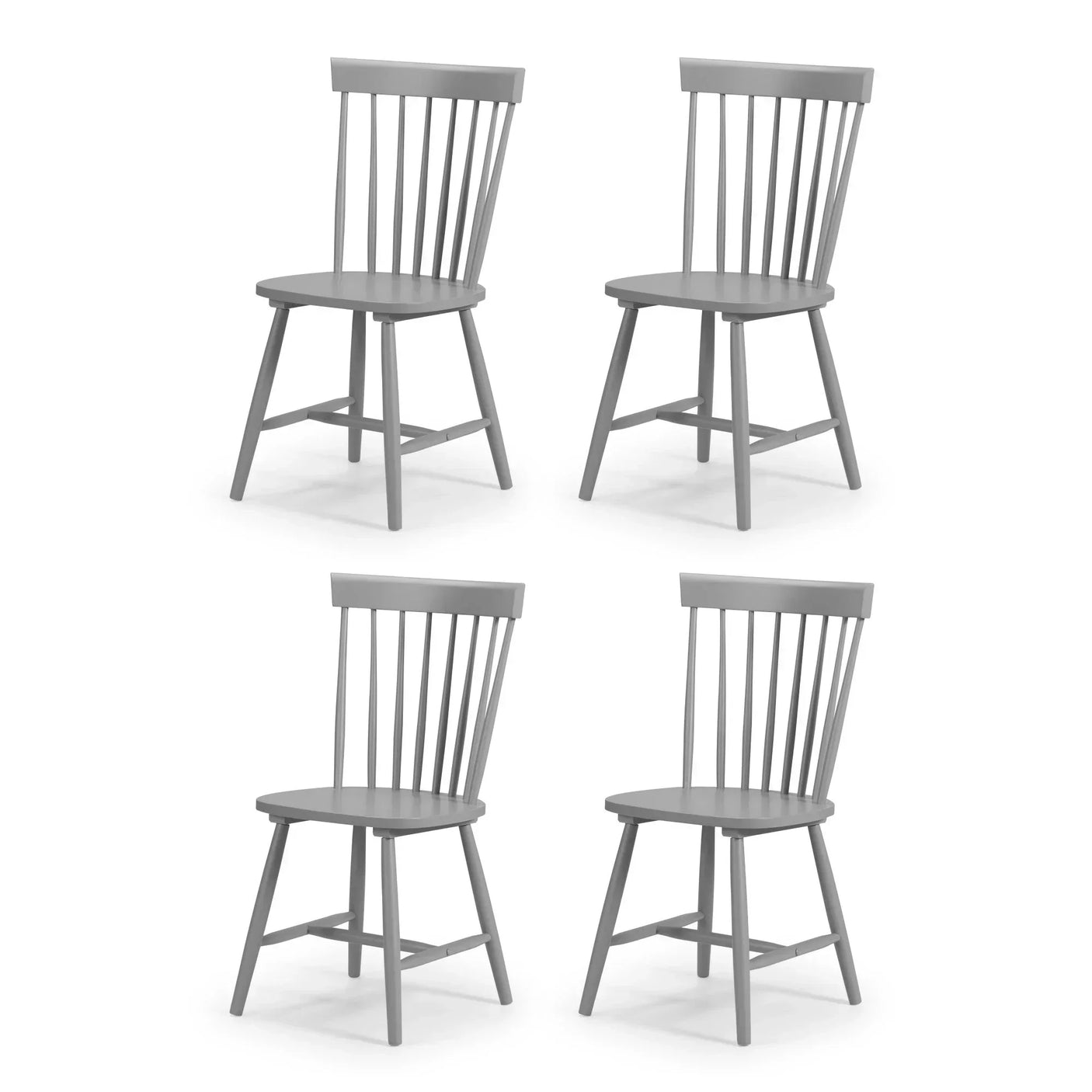 Set of four grey wooden dining chairs with spindle backs on white background