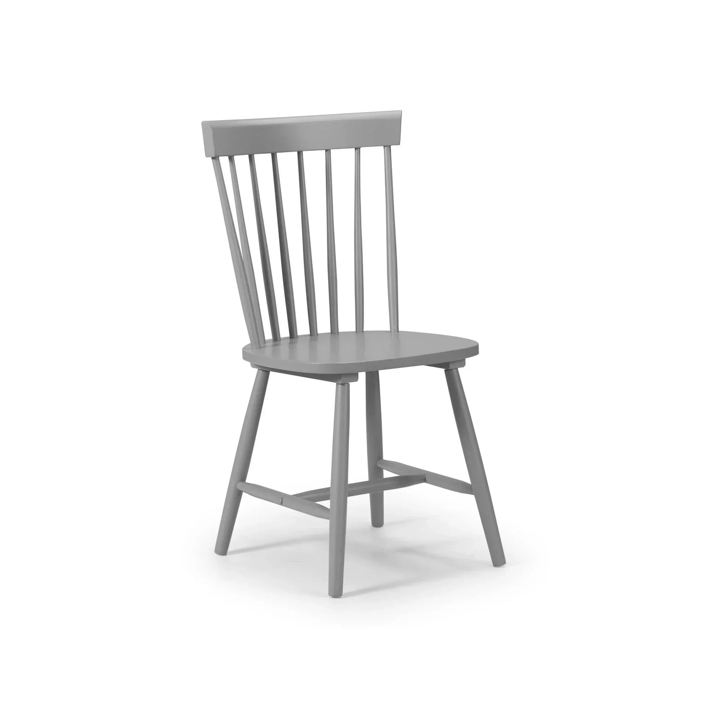 Grey wooden dining chair with spindle backrest and angled legs on white background