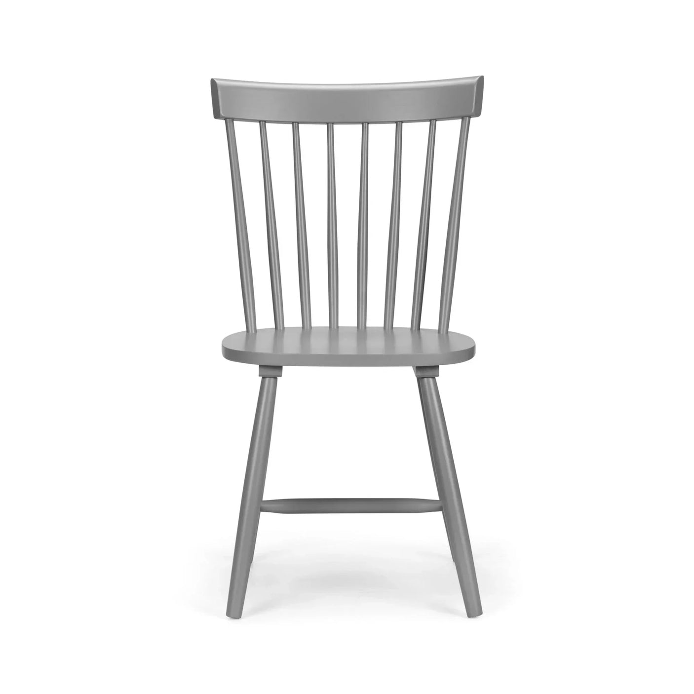 Grey wooden dining chair with spindled backrest, front view on white background