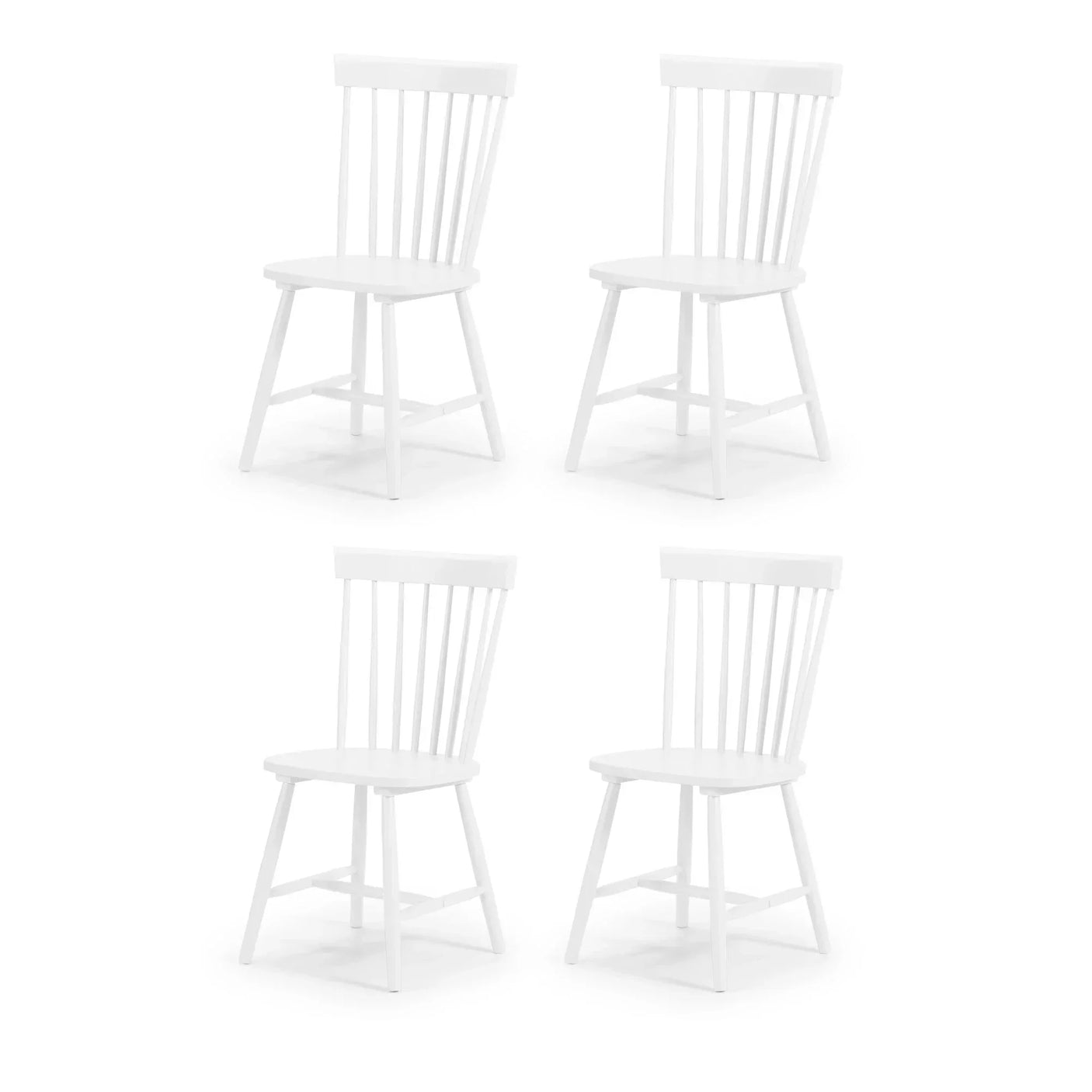 Set of four white wooden dining chairs with spindle backs on white background
