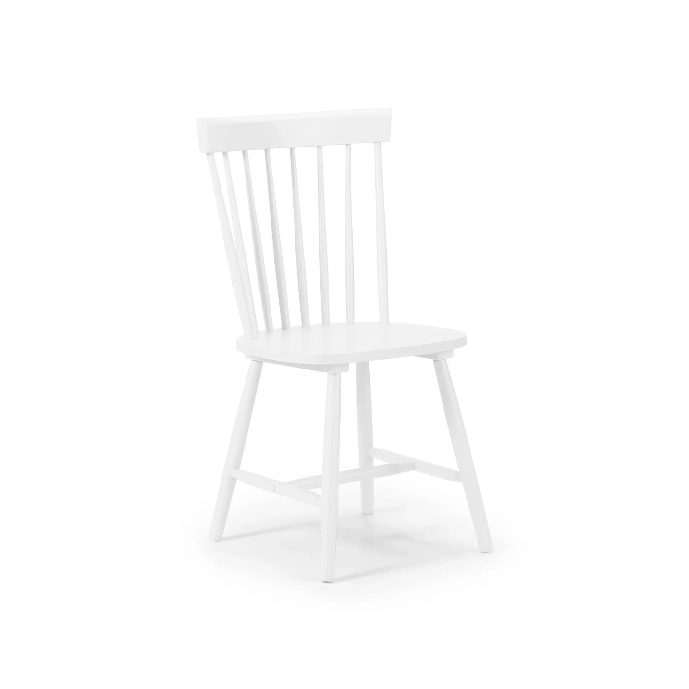 White wooden dining chair with slatted backrest and angled legs on white background
