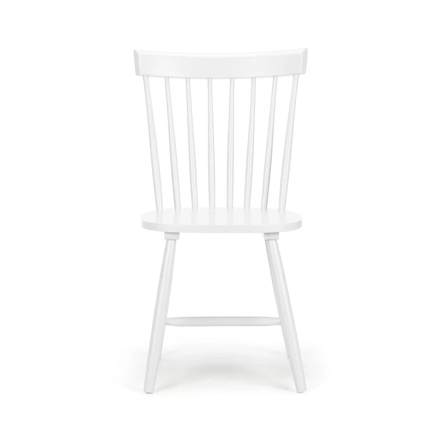 White wooden dining chair with spindle backrest and angled legs, front view