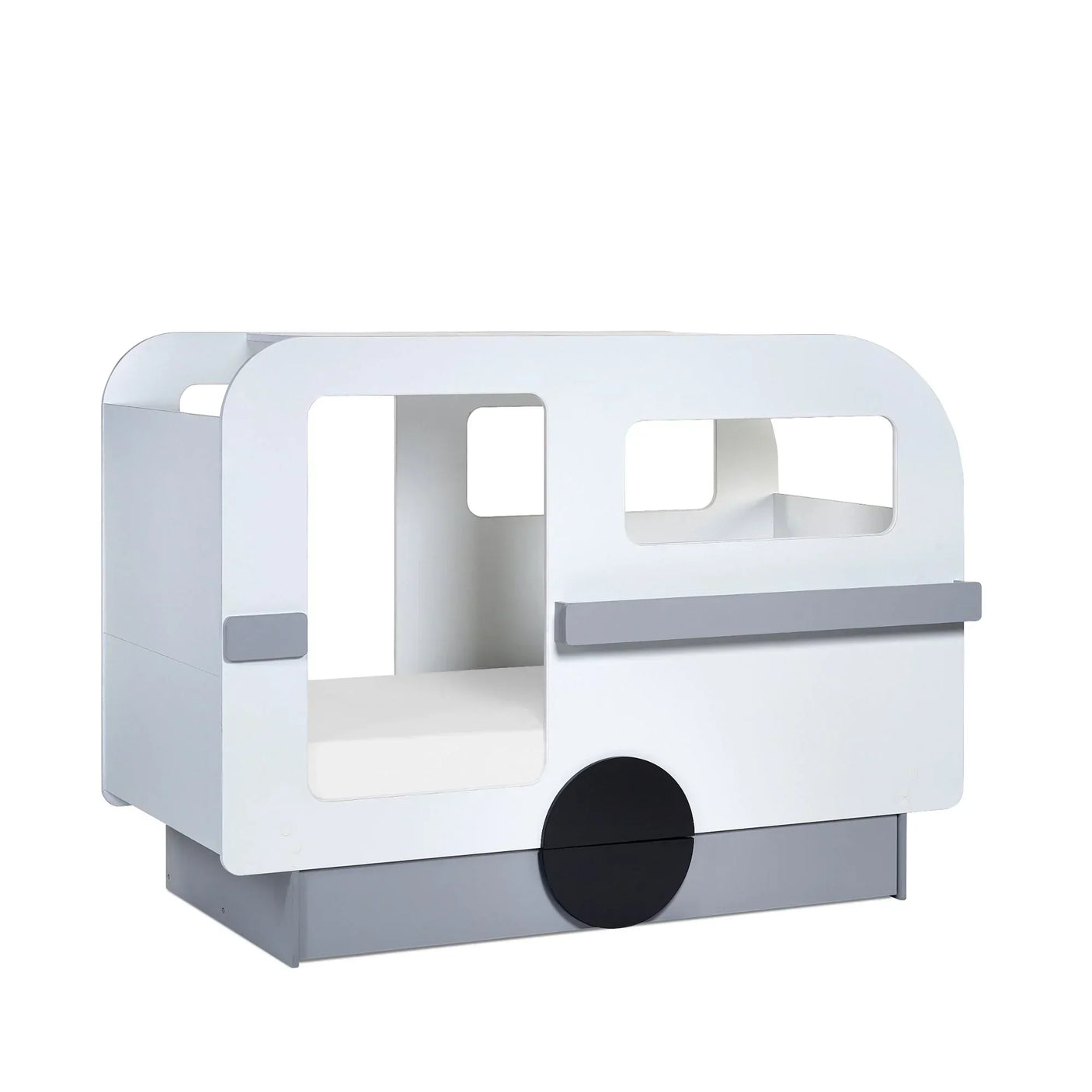 White and grey tourer caravan themed kids bed with window cutouts and storage drawer