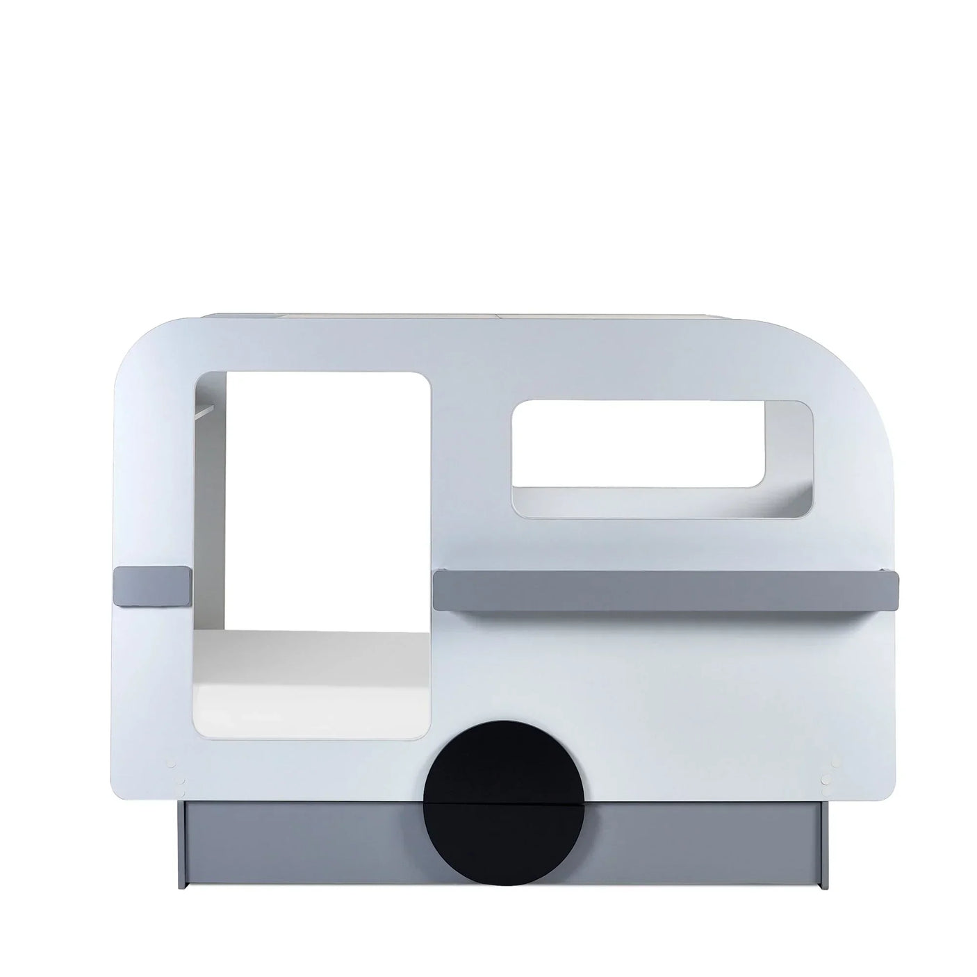 Kids caravan bed frame in white and grey with cutout window design