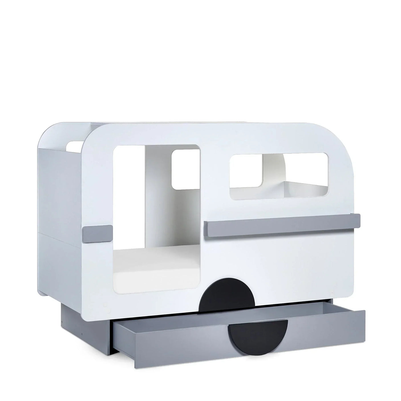 White and grey caravan-shaped kids bed with pull-out storage drawer and open windows
