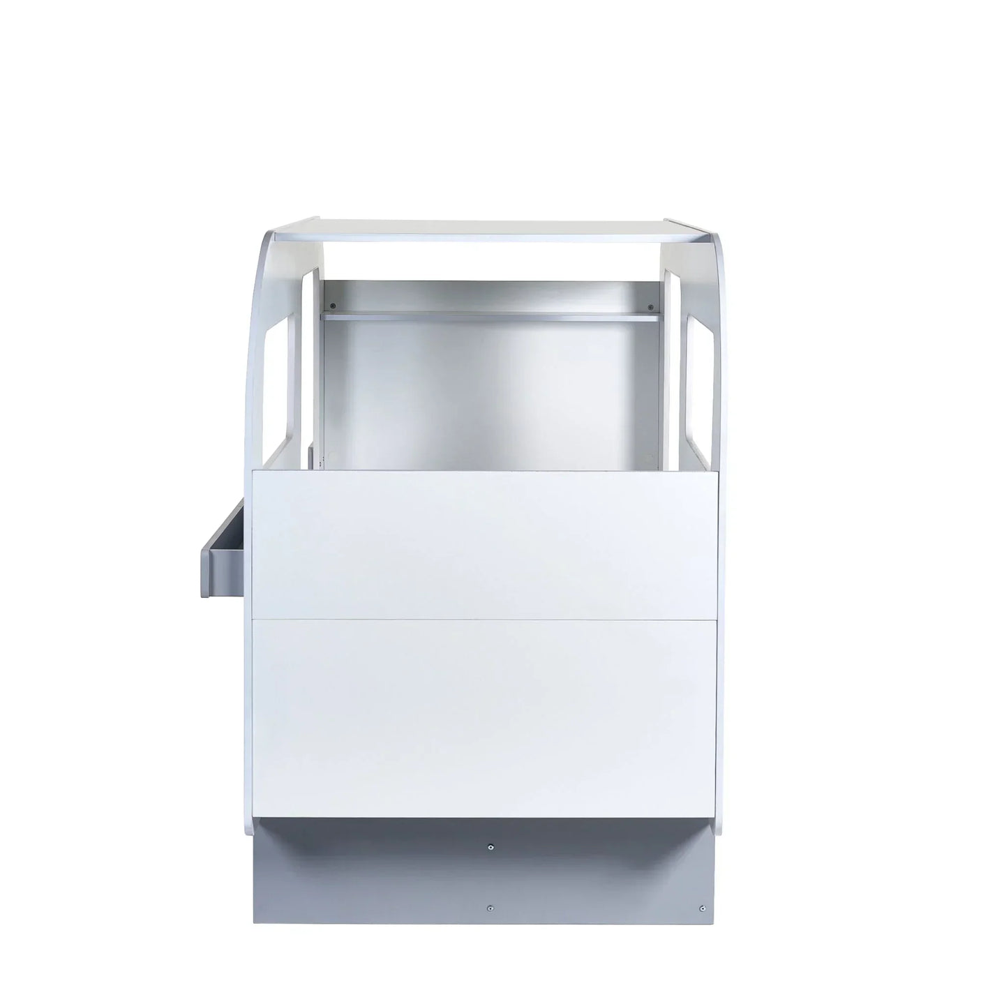 White caravan bed frame with side shelf, front view, modern children’s furniture design