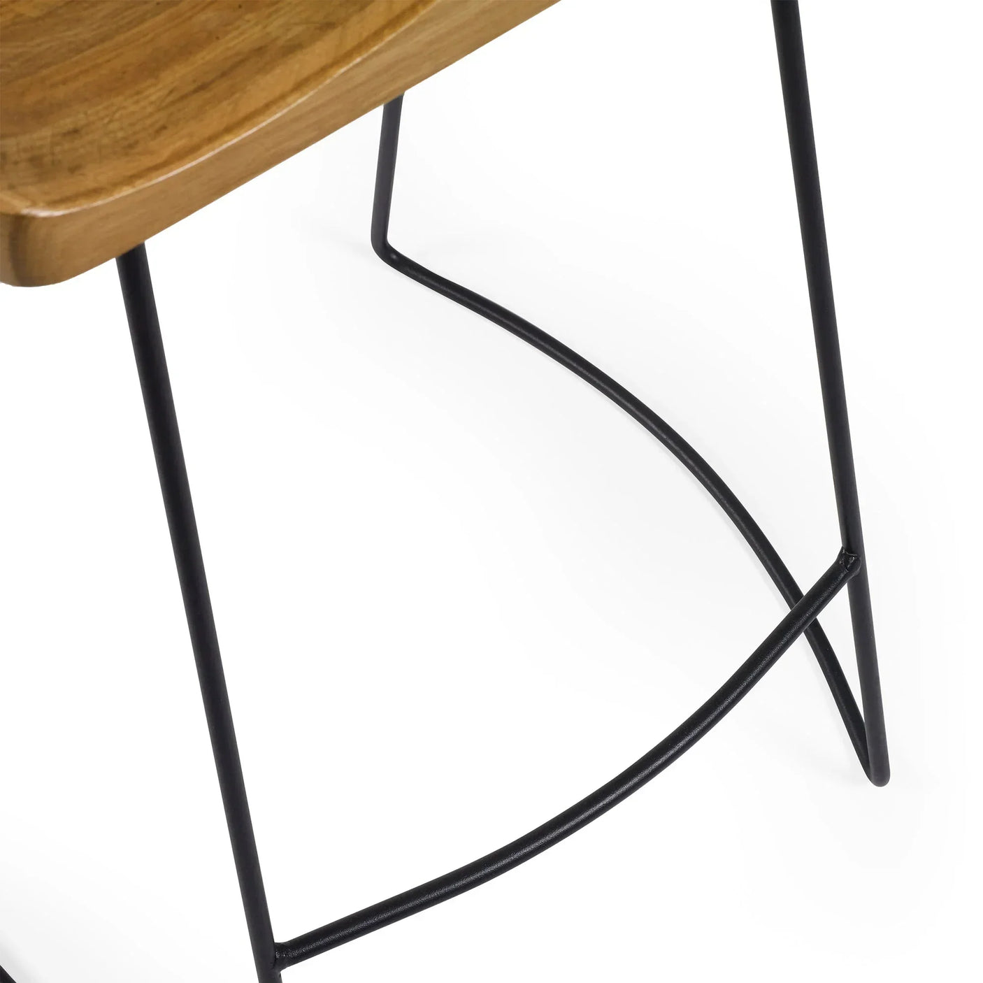 Solid oak bar stool with curved black metal legs close-up