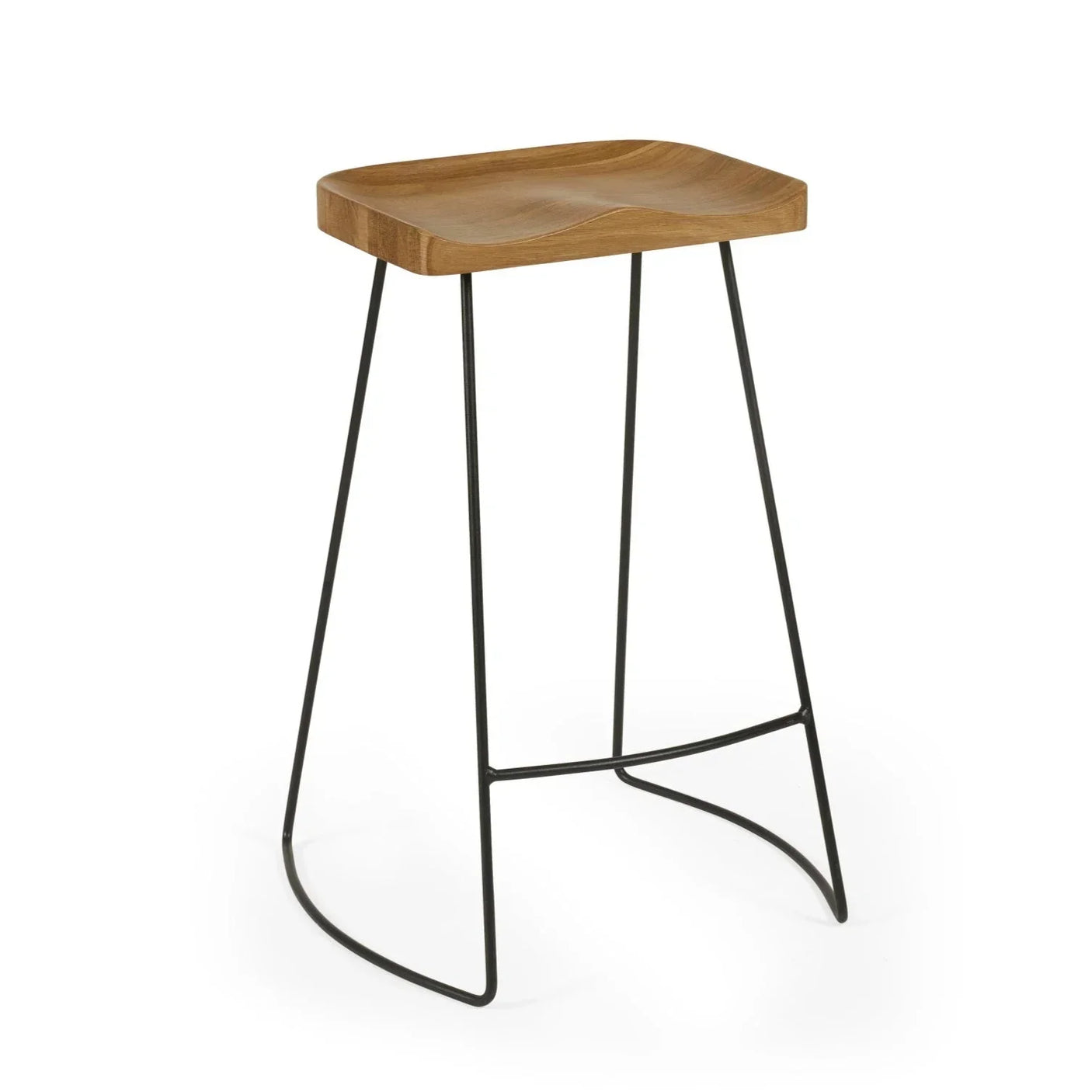 solid oak bar stool with contoured seat and black metal legs on white background
