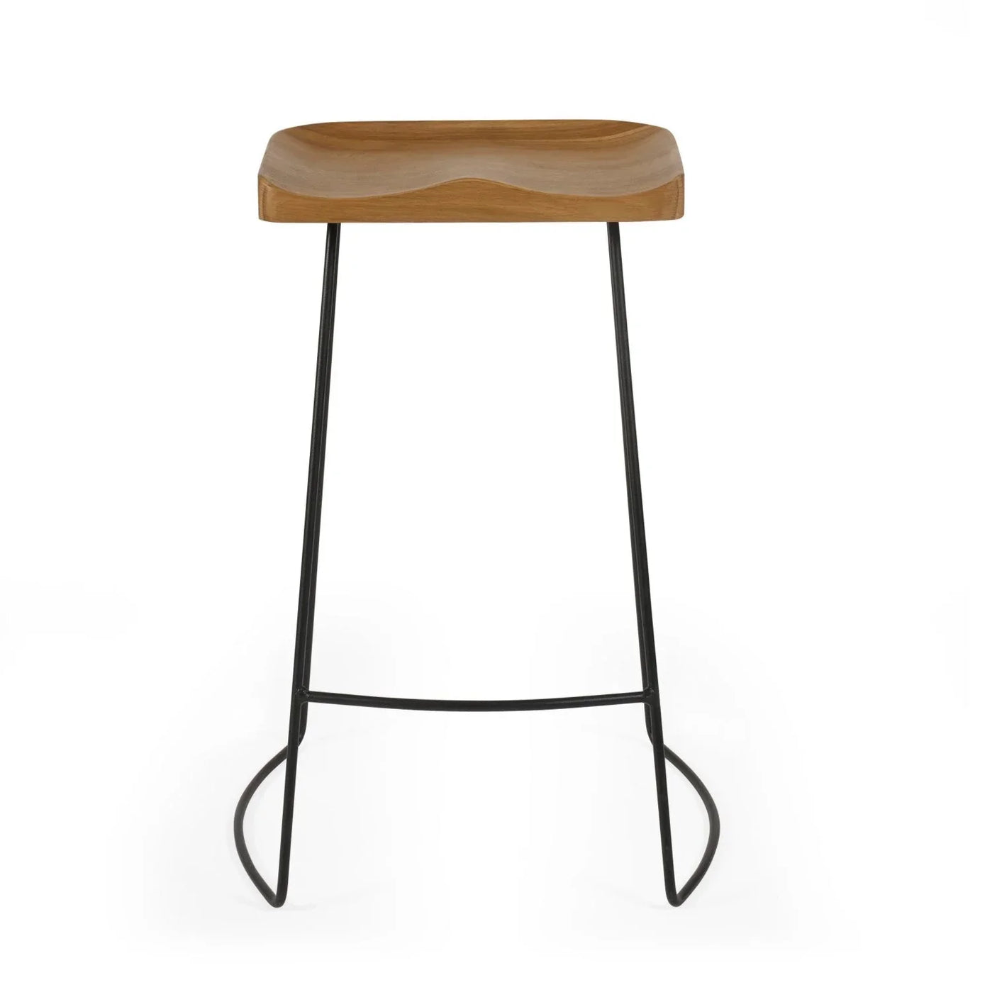 Solid oak bar stool with contoured wooden seat and black metal legs on white background