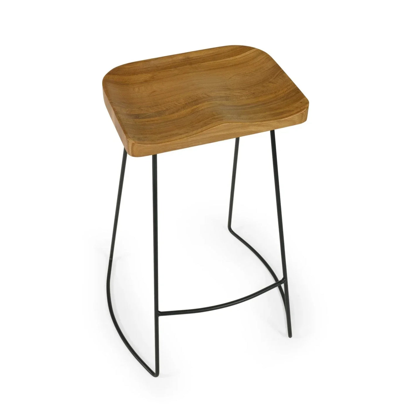 Solid oak bar stool with sculpted wood seat and black metal legs on white background