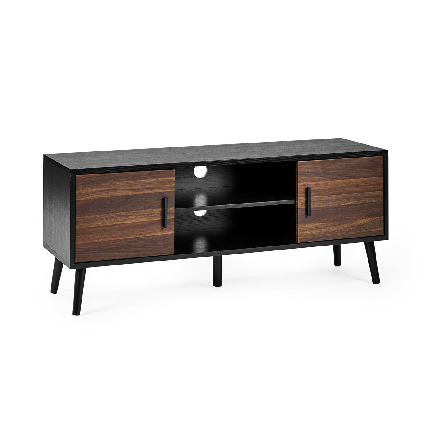 Large TV unit isolated on white background, black wood with walnut doors, open shelves and central support leg.