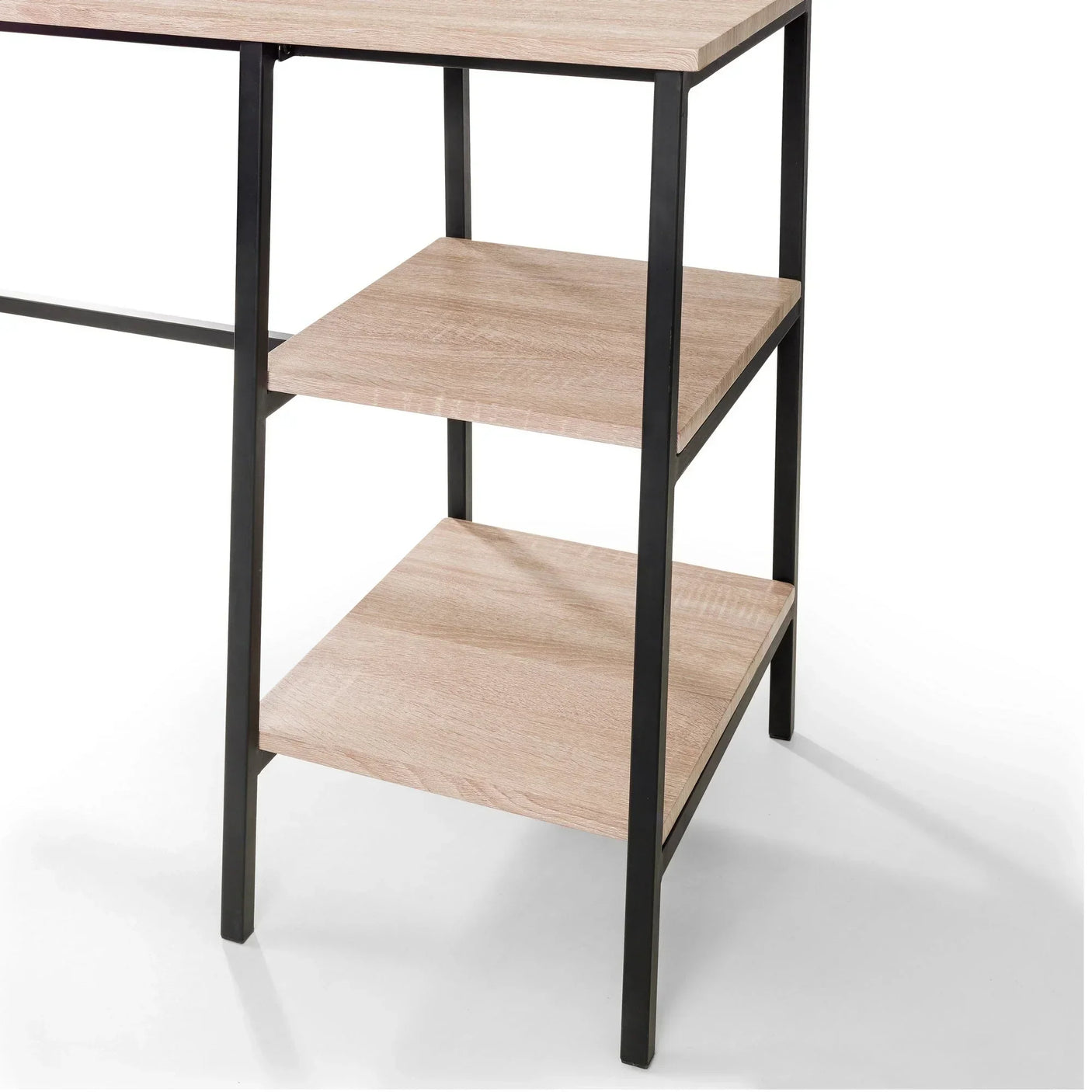 Sonoma oak desk closeup with black metal frame and two open side shelves