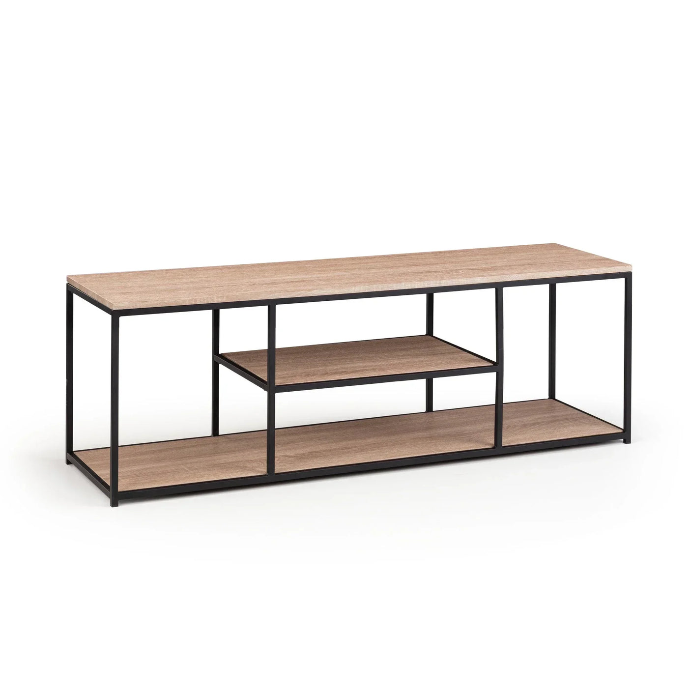 Industrial TV unit with black metal frame, two oak shelves and open storage design