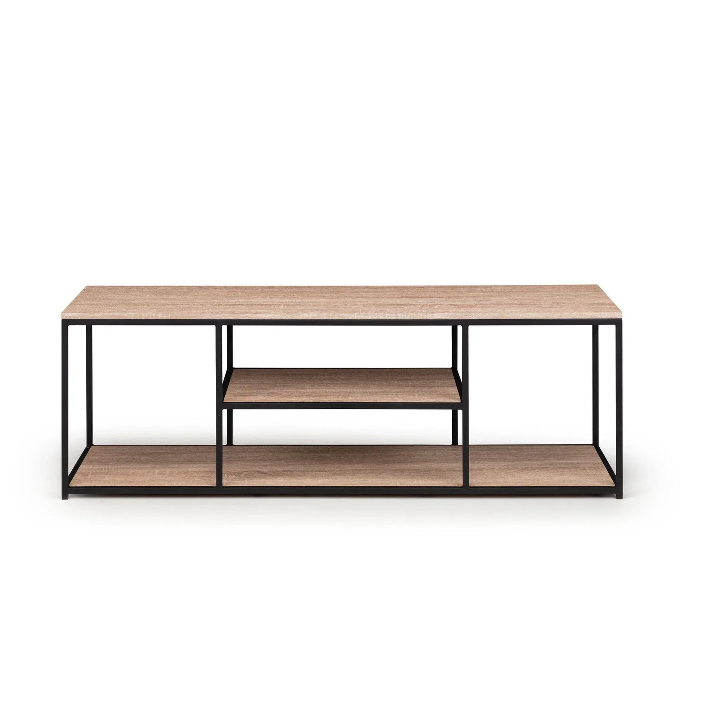 Modern wooden TV unit with black metal frame and open shelving, front view