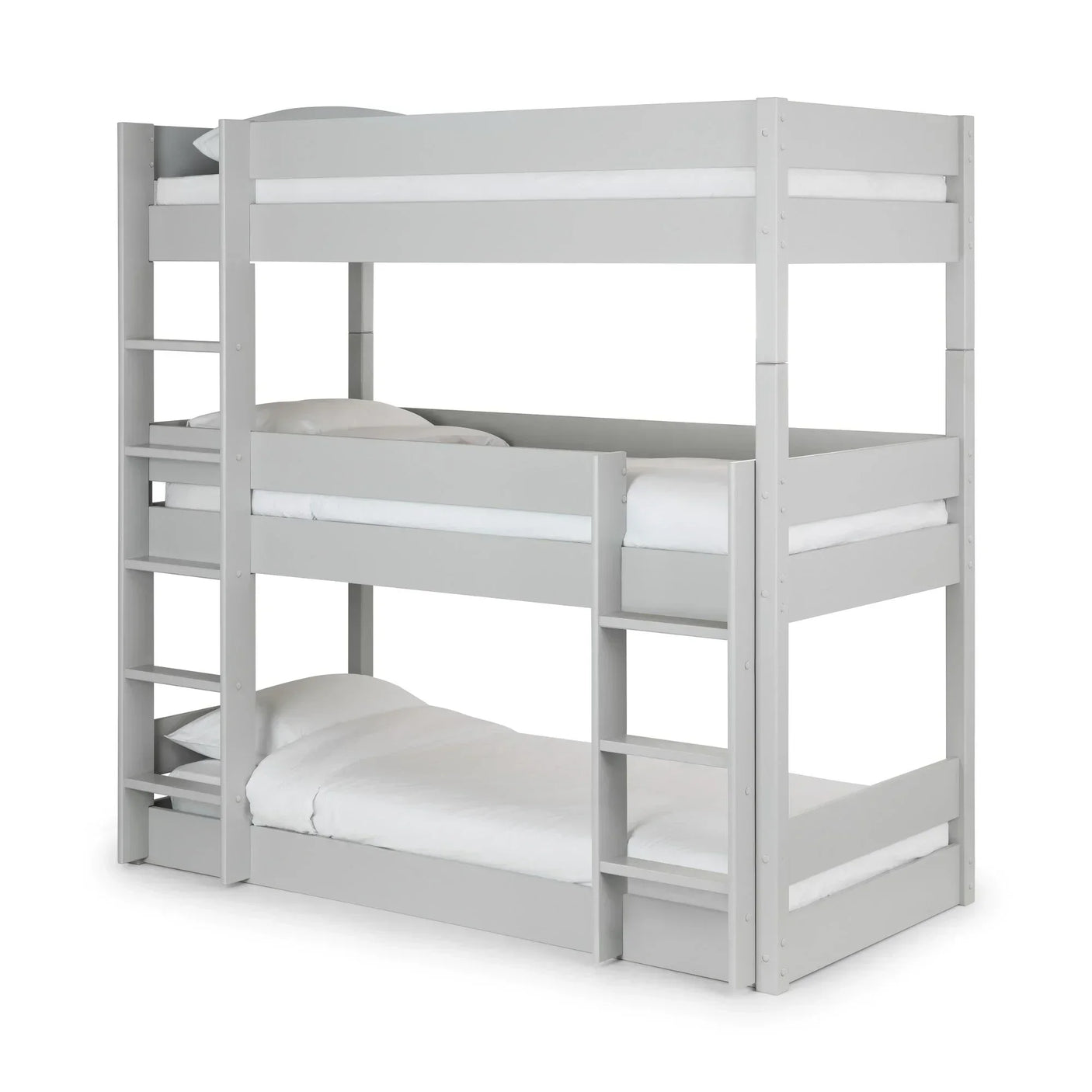 Grey wooden bunk bed with three single beds and built-in ladder