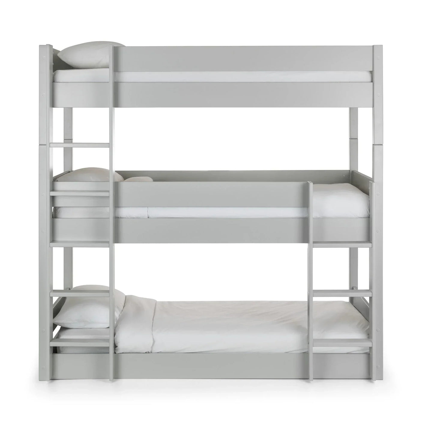 Triple bunk bed in grey wood with built-in ladders and white bedding
