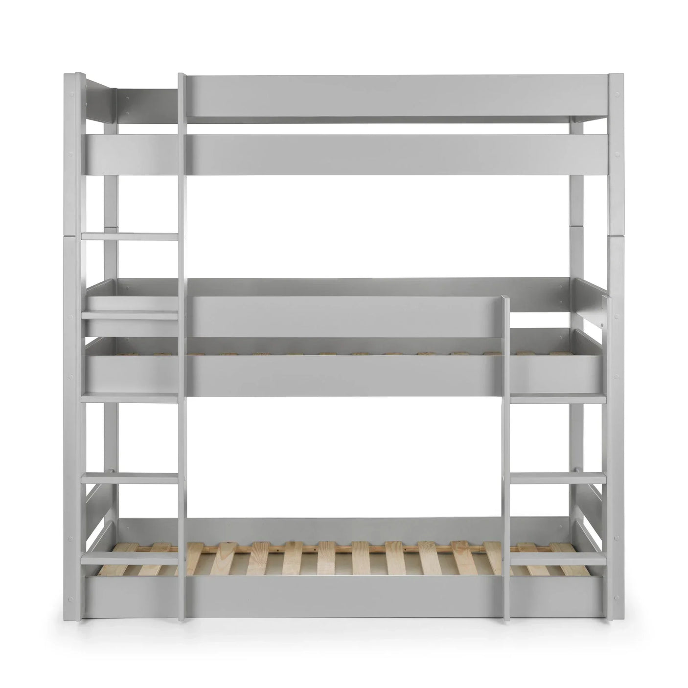 Grey wooden triple bunk bed with built-in ladders and guard rails, front view