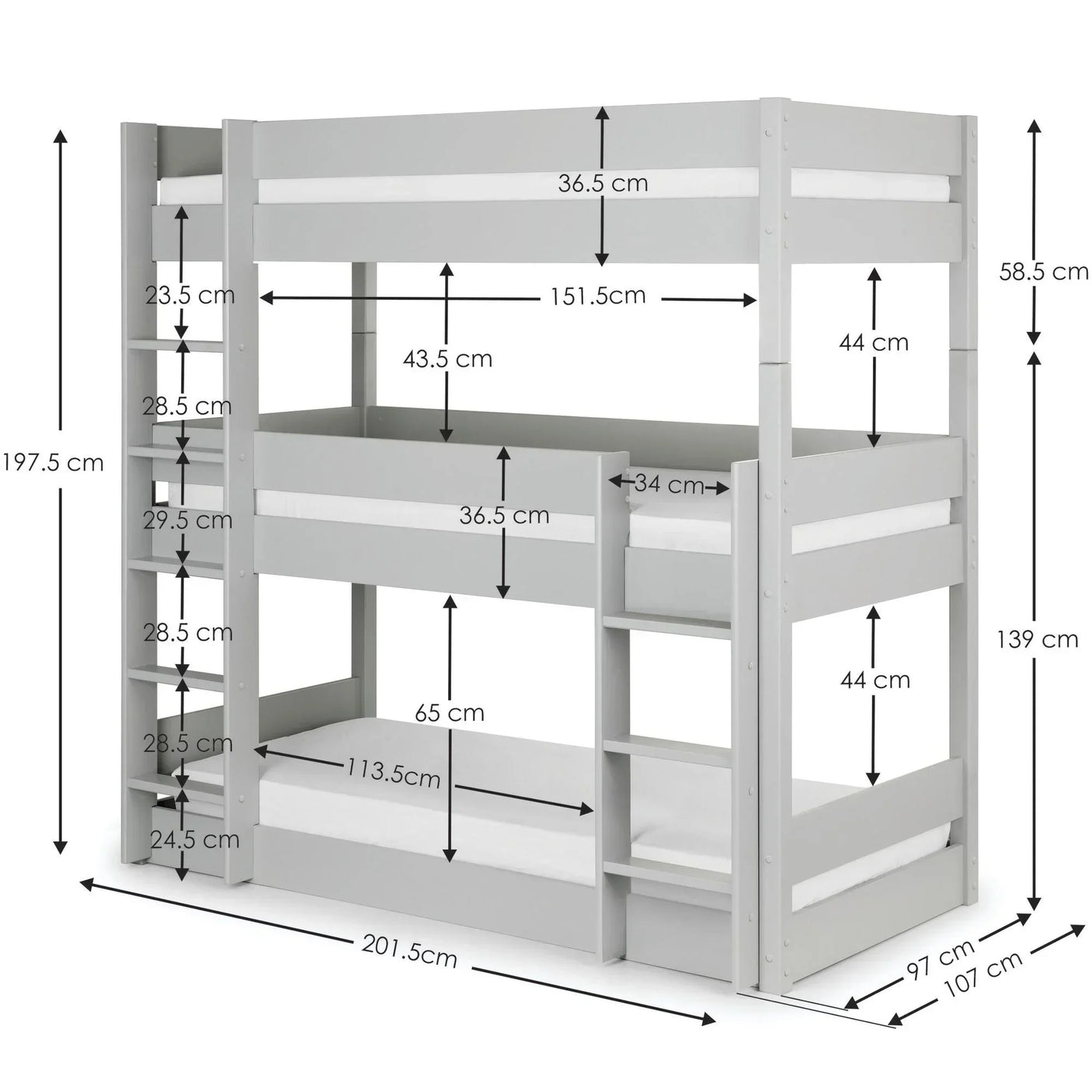Grey wooden triple sleeper bunk bed with measurements and built-in ladder shelves