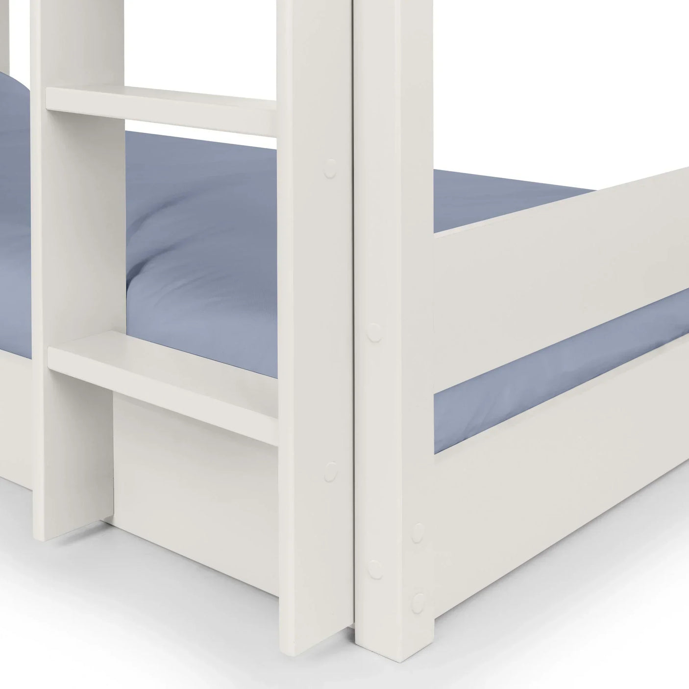 White wooden bunk bed frame with ladder and blue mattress close-up