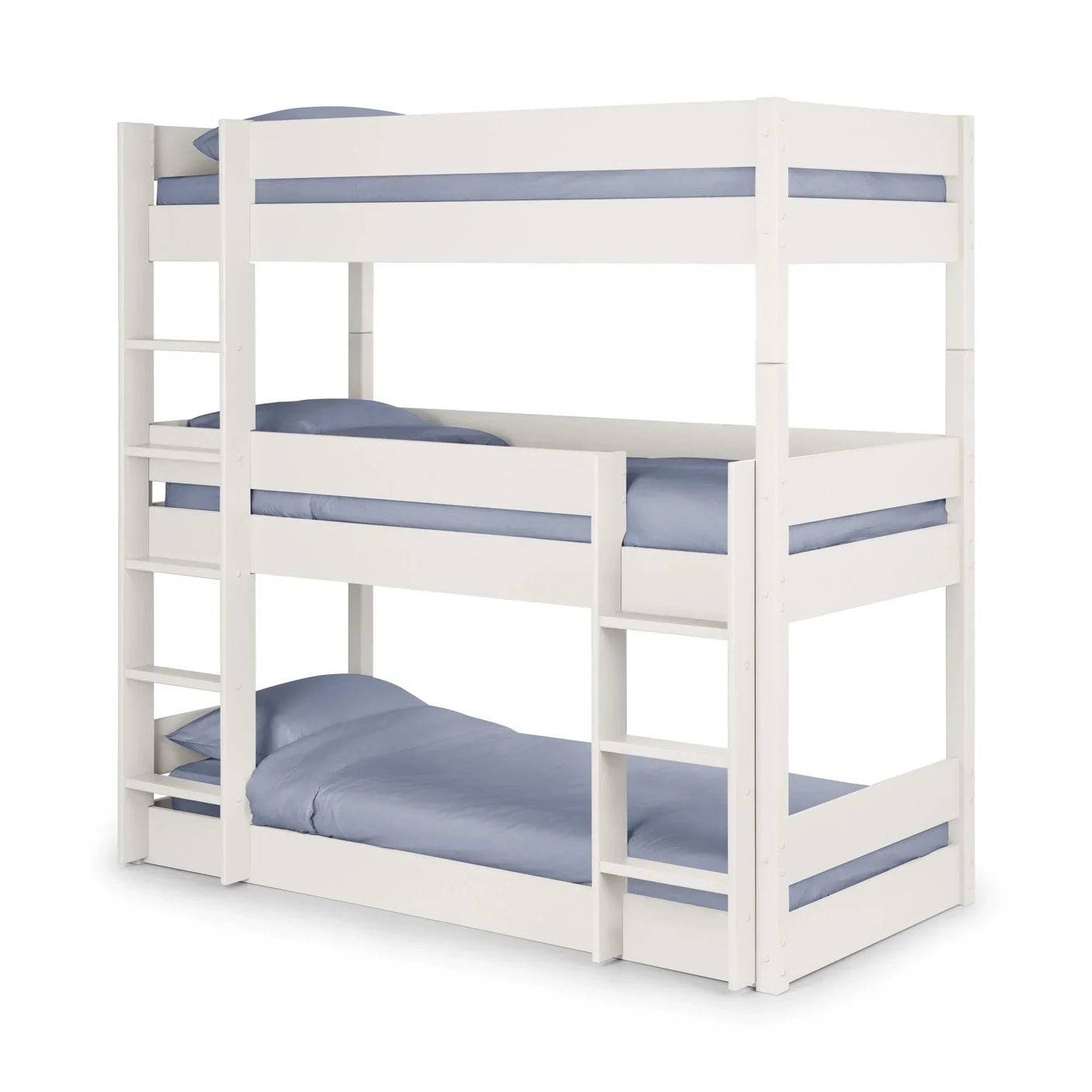White triple bunk bed with ladders and blue bedding against a plain background