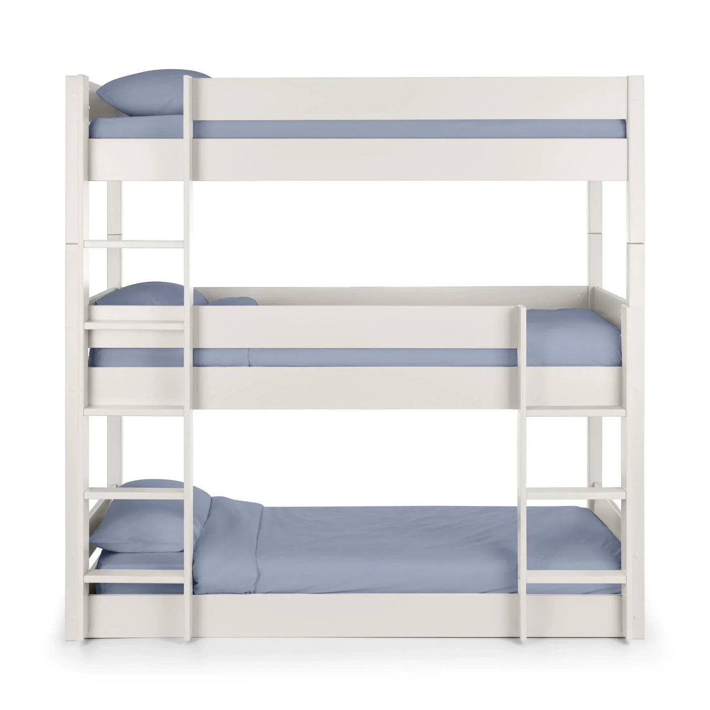 White triple bunk bed with ladders and light blue bedding, front view