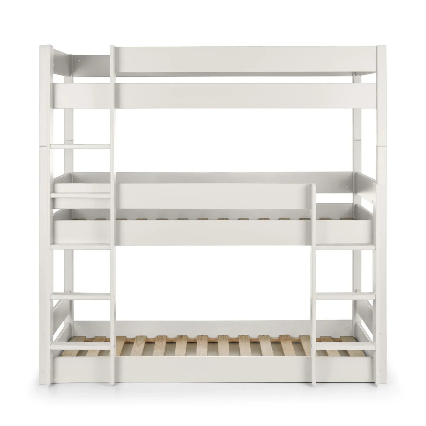White wooden triple bunk bed frame with two ladders and safety rails, front view