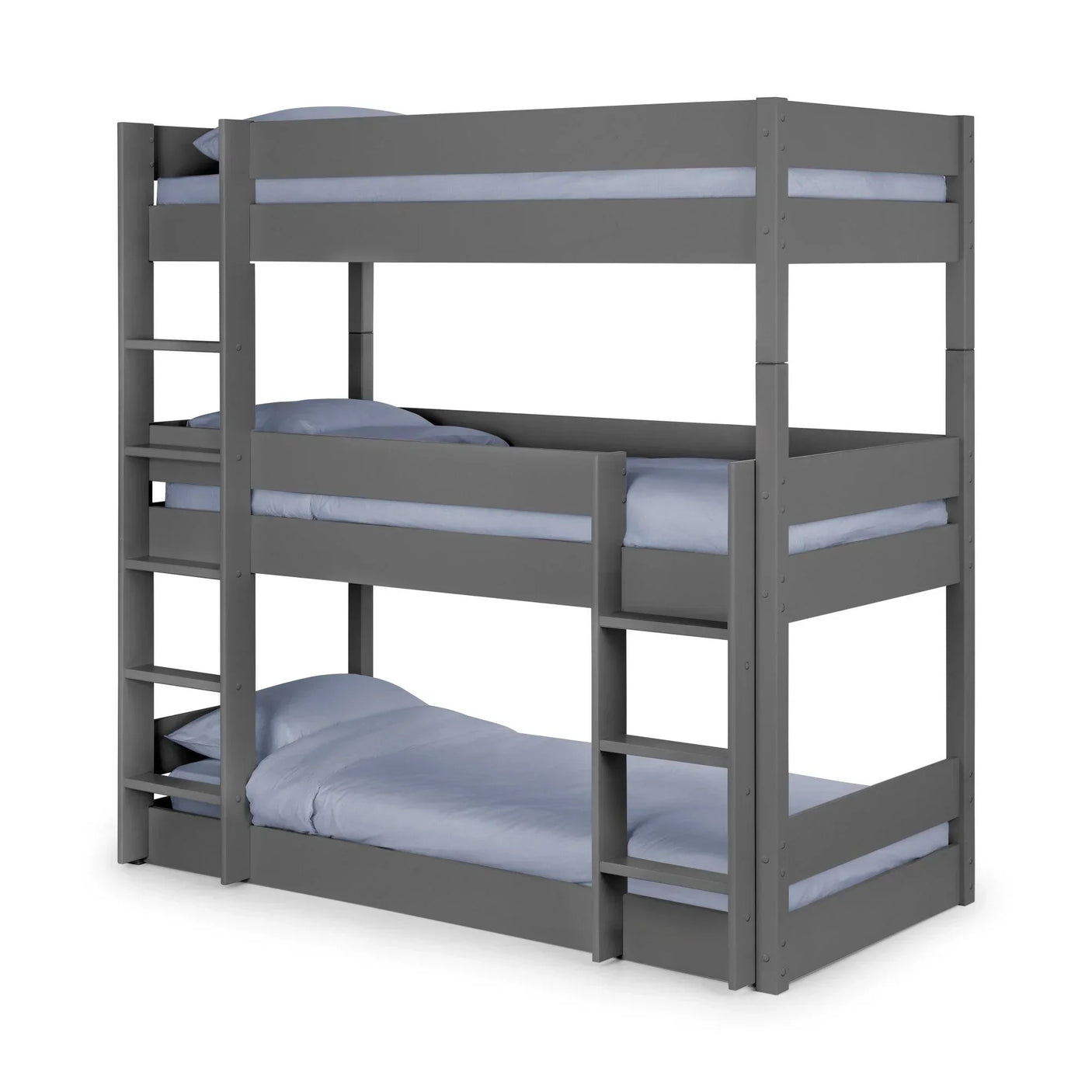 Grey triple sleeper bunk bed with built-in ladder and light blue bedding