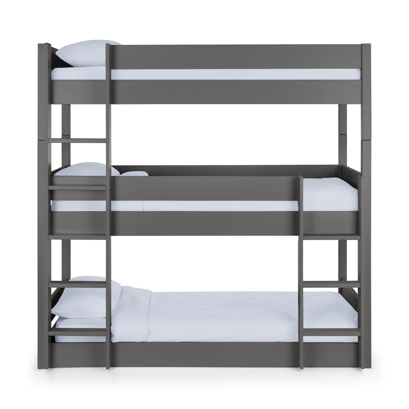 Grey triple bunk bed with two ladders and three single beds, shown front facing