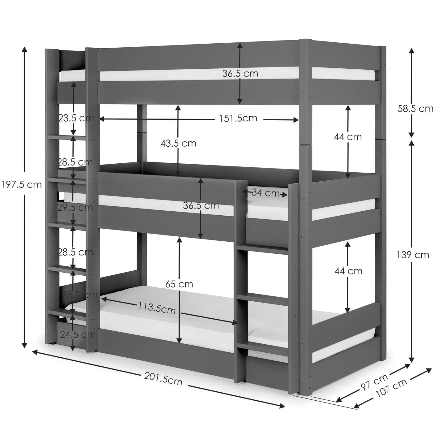 Grey triple bunk bed with ladders, safety rails, and size measurements displayed