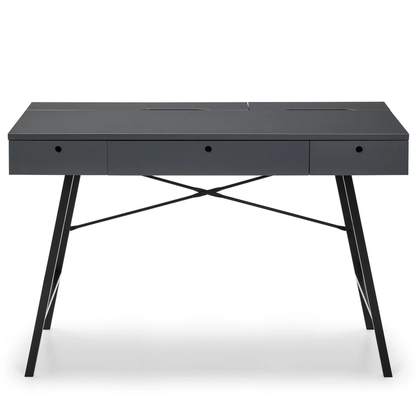 Grey office desk with three drawers and black metal legs, modern minimalist design