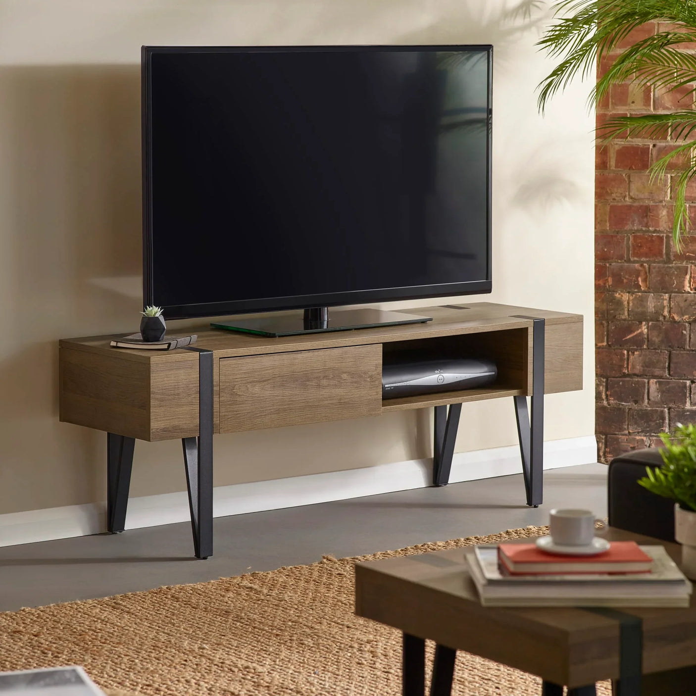 Wood TV stand with metal legs, open shelf and drawers in modern living room