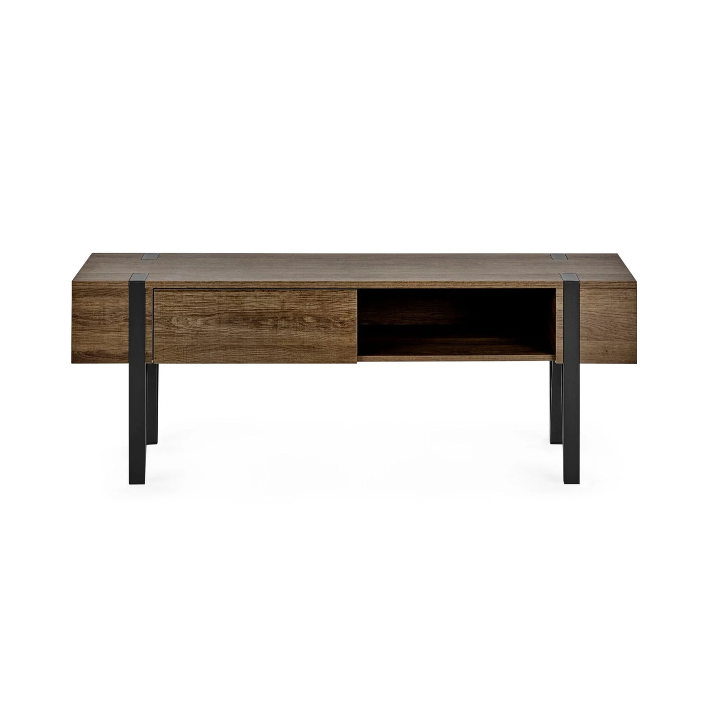 Modern wooden coffee table with black metal legs, single drawer and open shelf front view