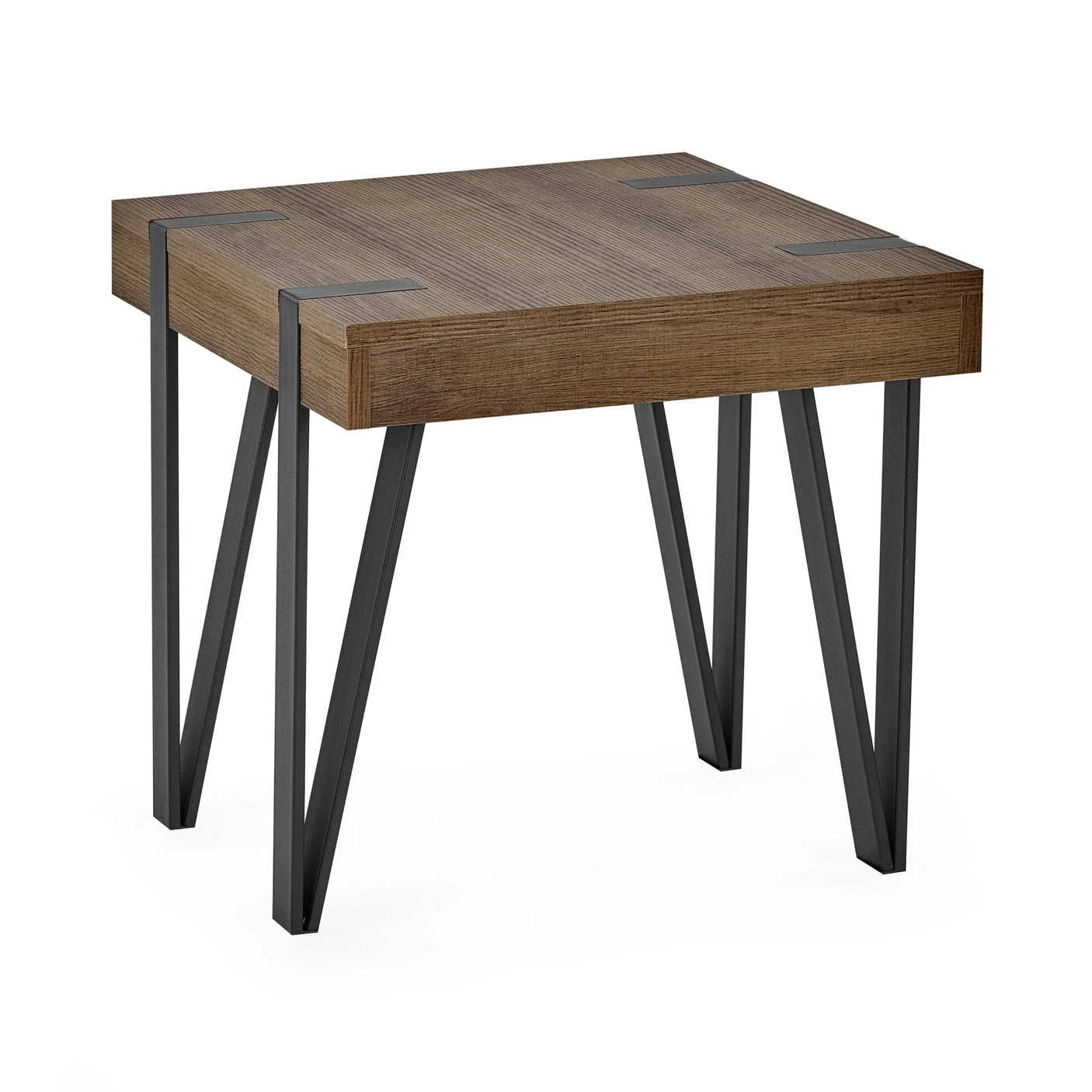 Industrial side table with wood top and black metal legs, angled view