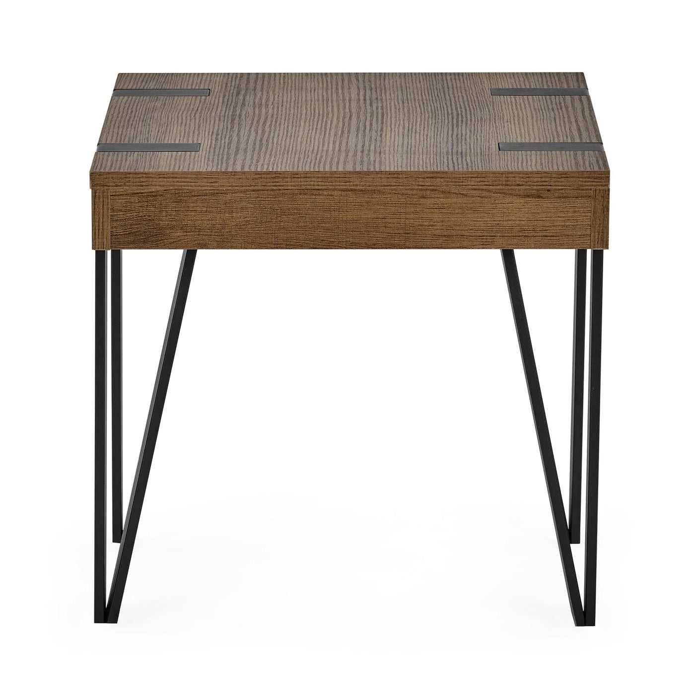 Modern wood side table with black metal legs and rectangular top, front-facing view