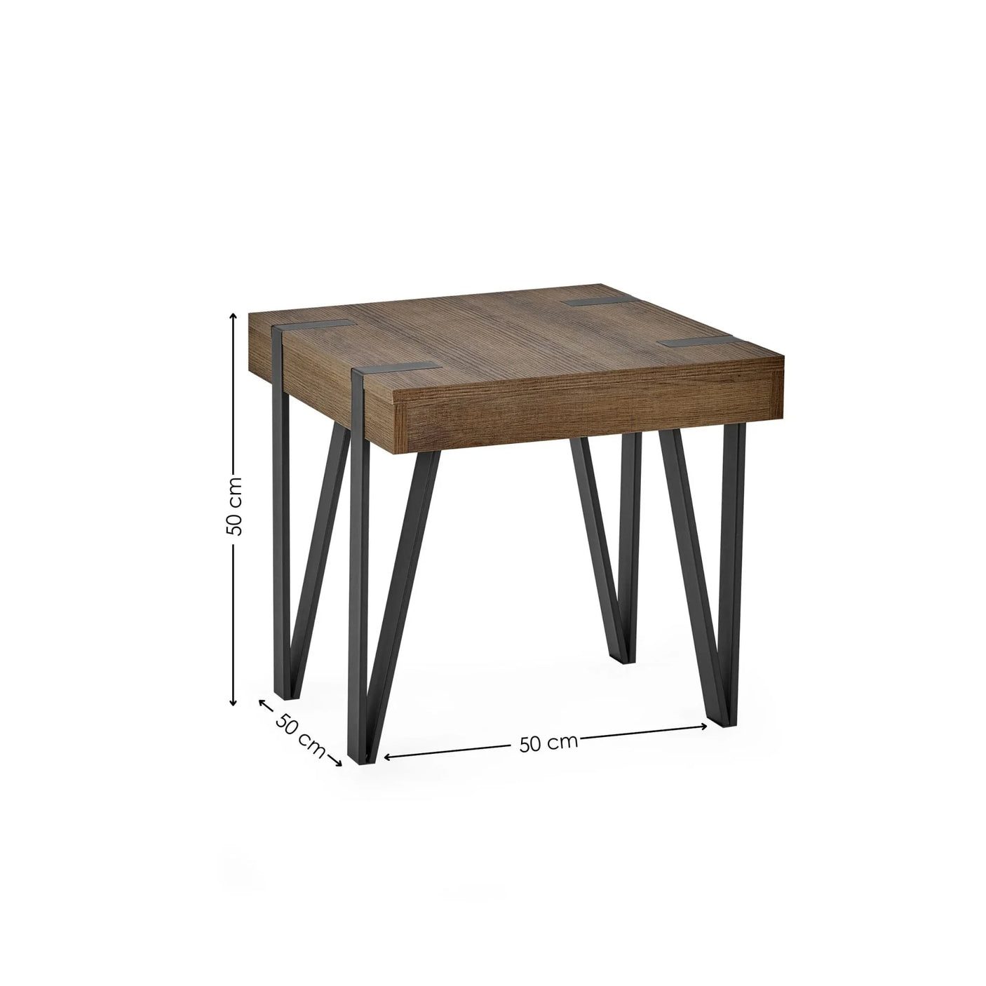 Square wooden side table with black metal legs and 50cm measurements on all sides