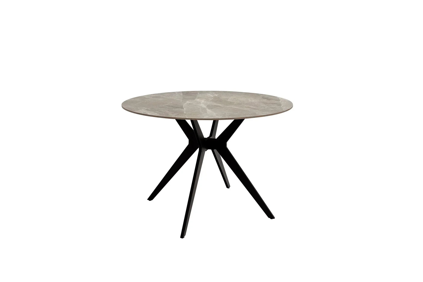 Round dining table with grey marble effect top and black metal spider legs
