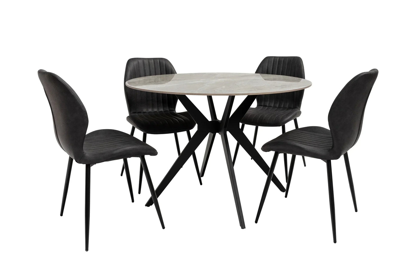 Round dining table with marble-effect top and four black velvet chairs on black metal legs