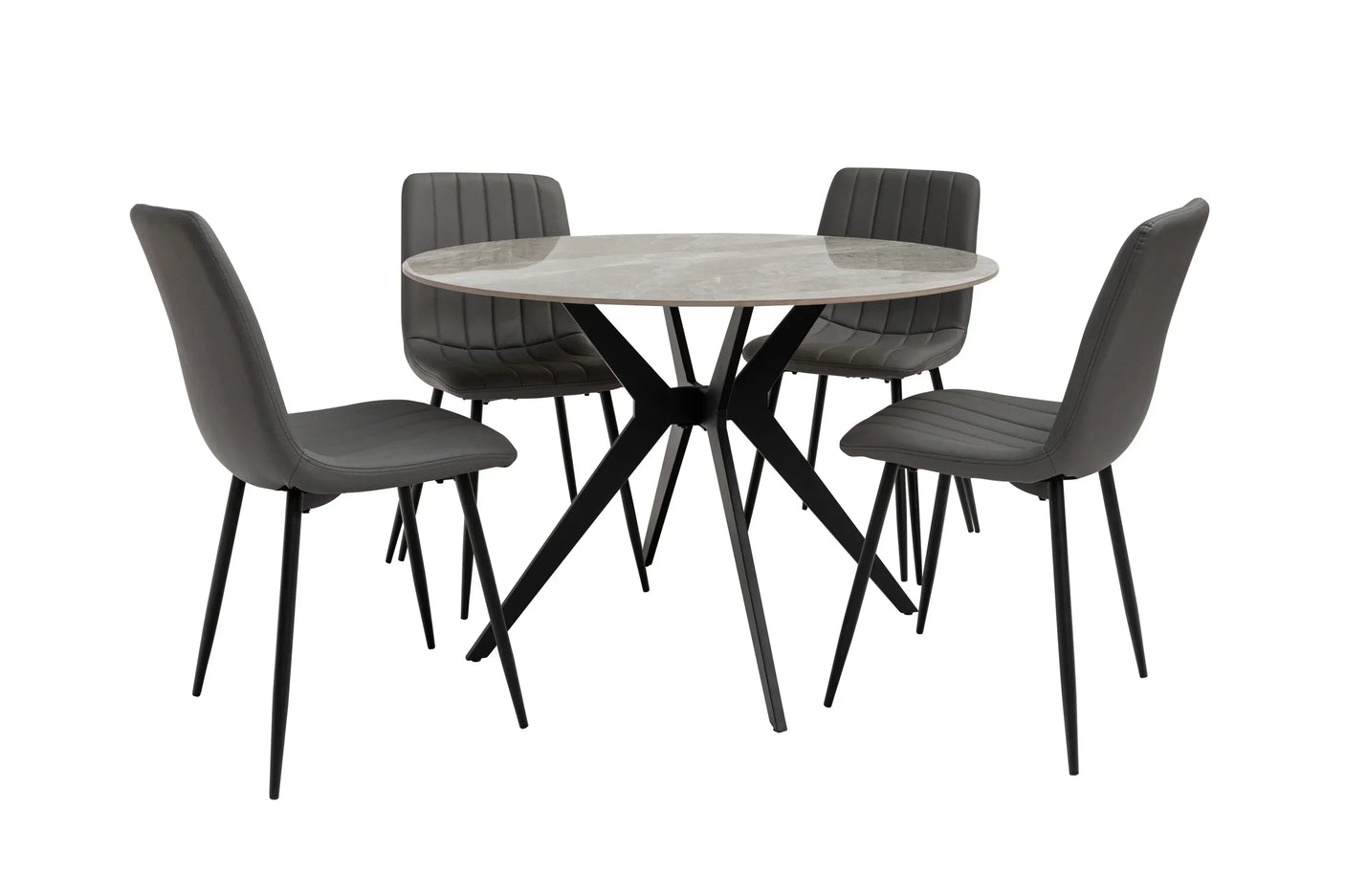 Round marble dining table with black metal legs and four grey upholstered chairs