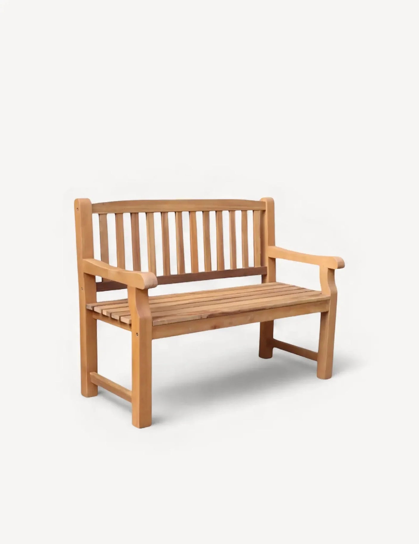 Wooden garden bench with slatted backrest and seat, natural finish, angled front view