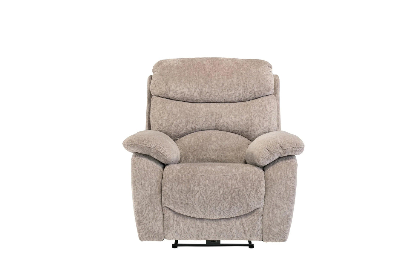 Beige fabric recliner armchair with plush cushions and padded armrests, front view