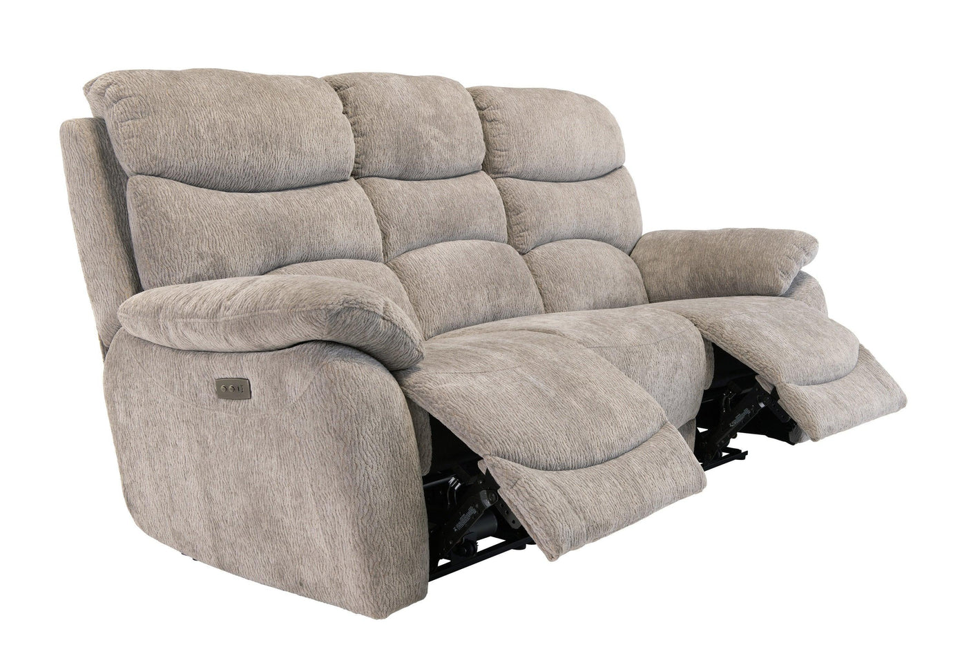 Light grey fabric recliner sofa with padded backrests and extended footrests