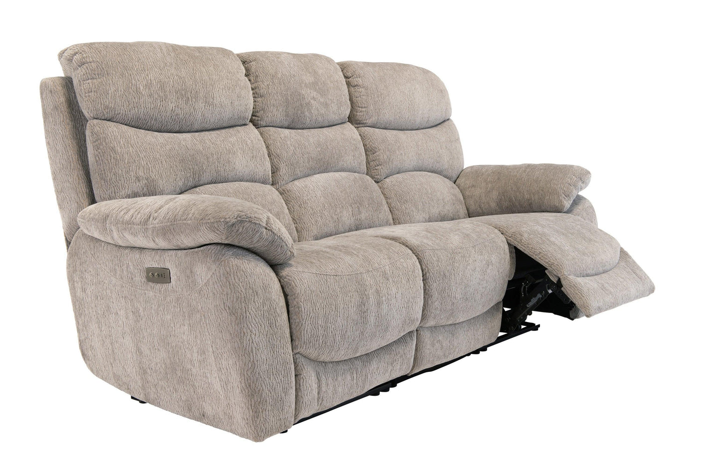 Light grey fabric recliner sofa with padded armrests and extended footrest, angled view