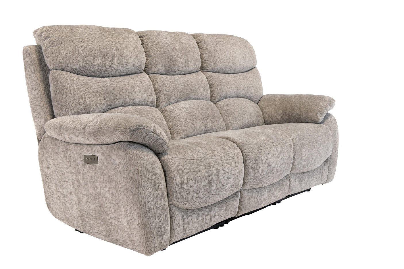 Light grey fabric recliner sofa with padded seats and armrests, angled front view